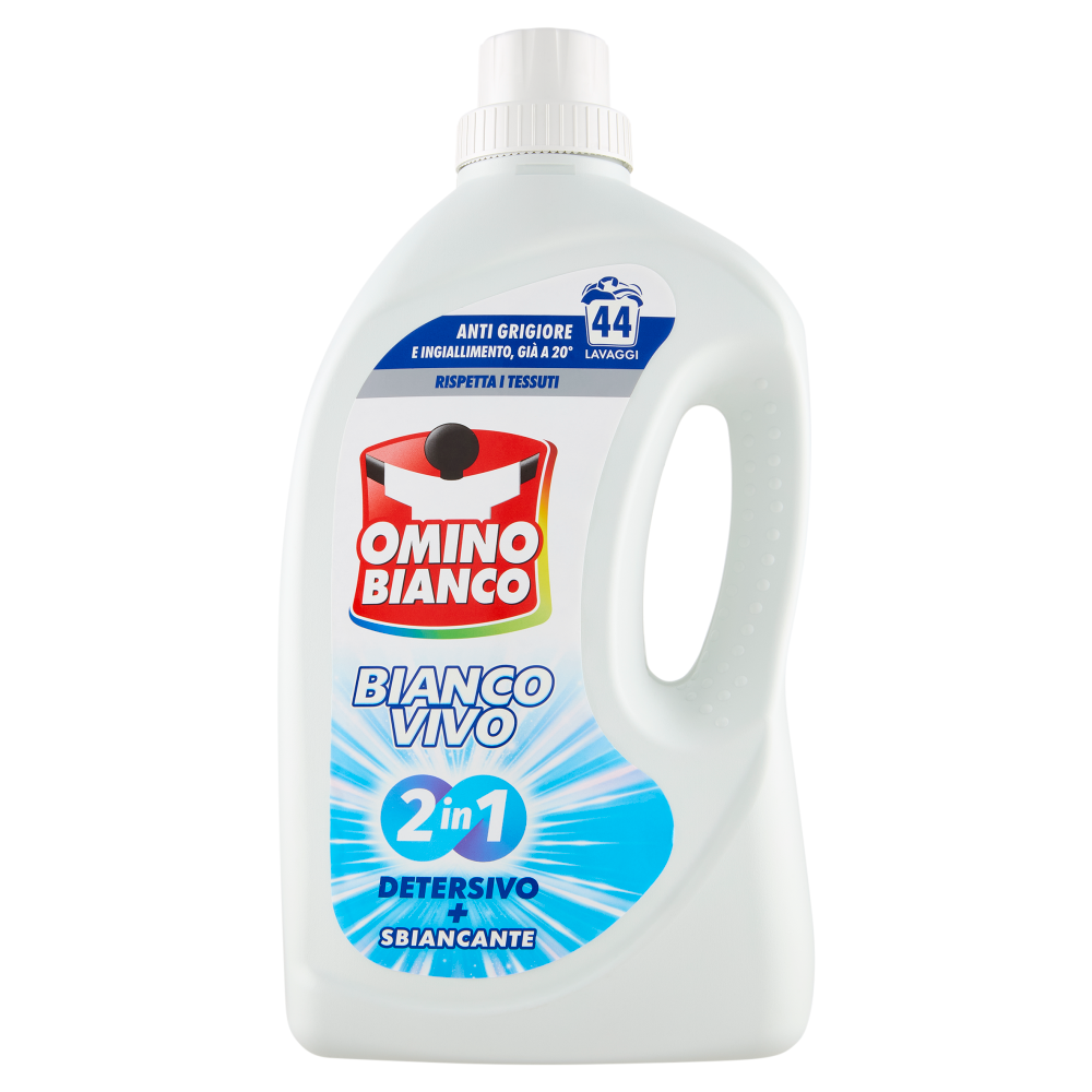 Omino Bianco Bianco Vivo 2 in 1 Detersivo Lavatrice Liquido + Sbiancante 44 Lavaggi 1760 ml
