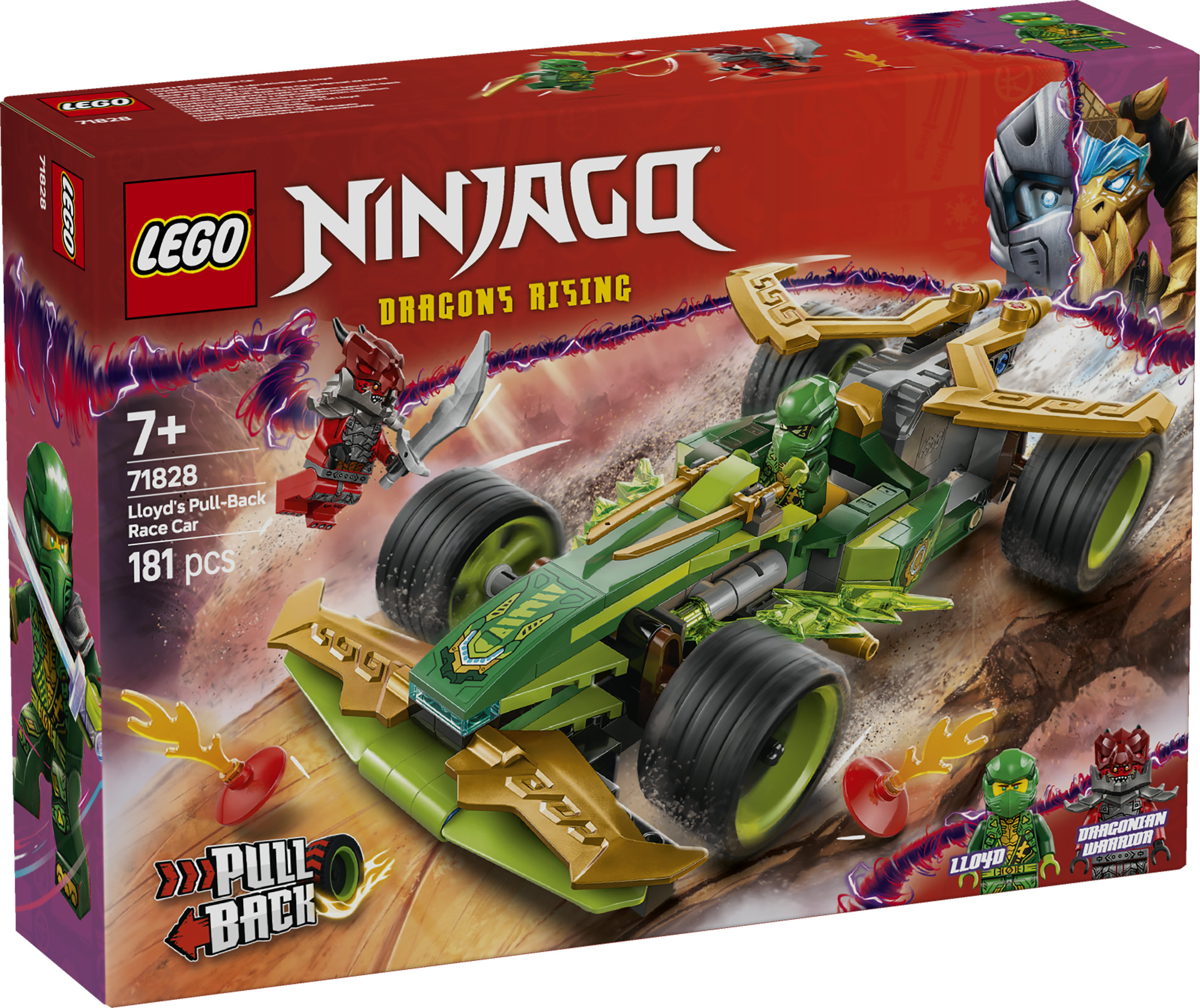 LEGO NINJAGO 71828 Racer Pull-Back di Lloyd - Modello di Auto da Corsa Giocattolo con 2 Minifigure e Armi, Giochi Bambini 7+