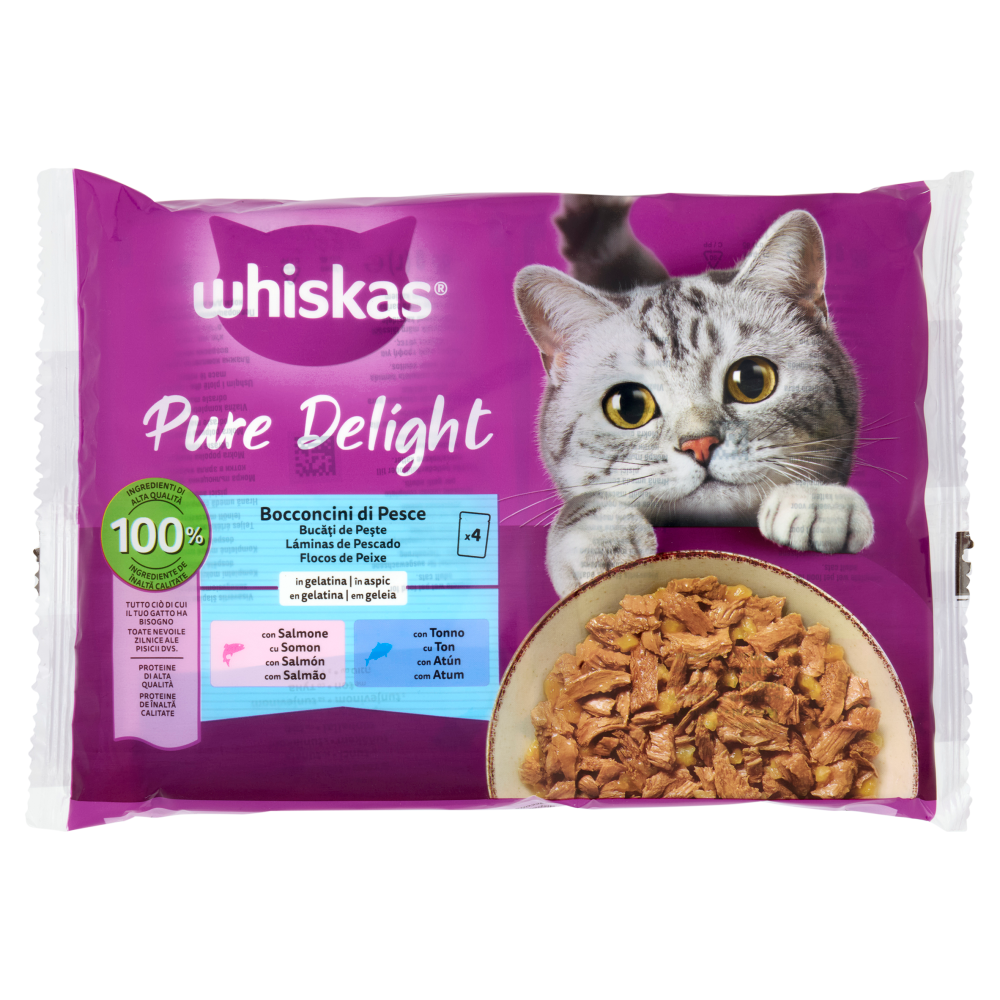 Whiskas Pure Delight Cibo Umido Gatto Bocconcini di Pesce in Gelatina con Salmone e Tonno 4x85g