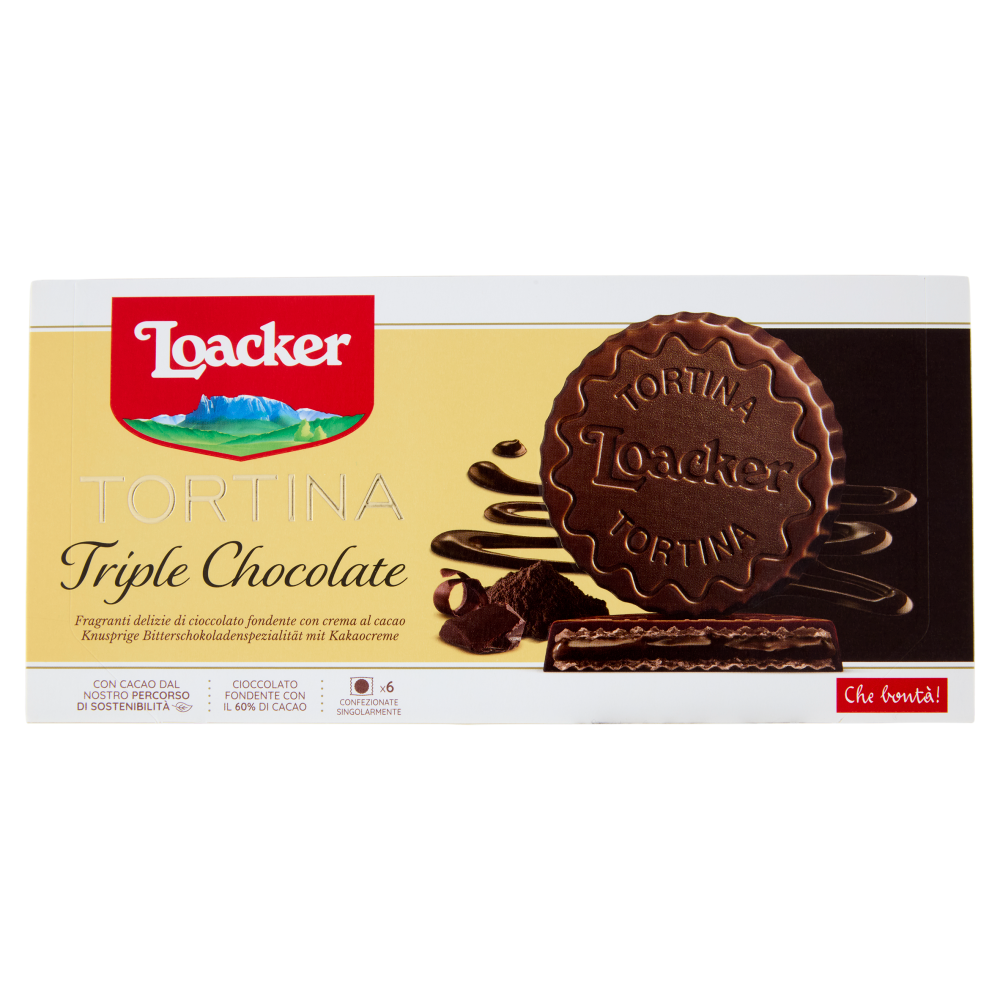 Loacker Tortina Triple Chocolate Wafer ricoperto di Cioccolato Fondente con crema al Cacao 21gx6
