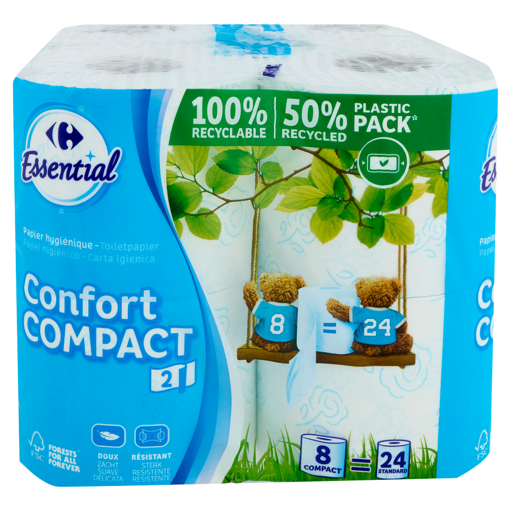 Carrefour Essential Carta igienica Confort Compact 2 Veli 8 pz