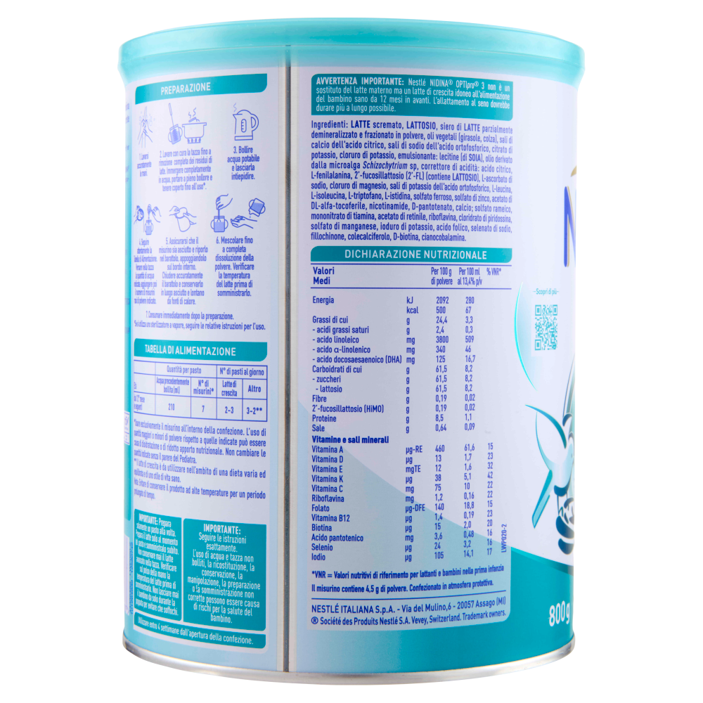 NESTLÉ NIDINA Optipro 3 Latte di crescita in polvere per bambini da 1 anno Latta 800g