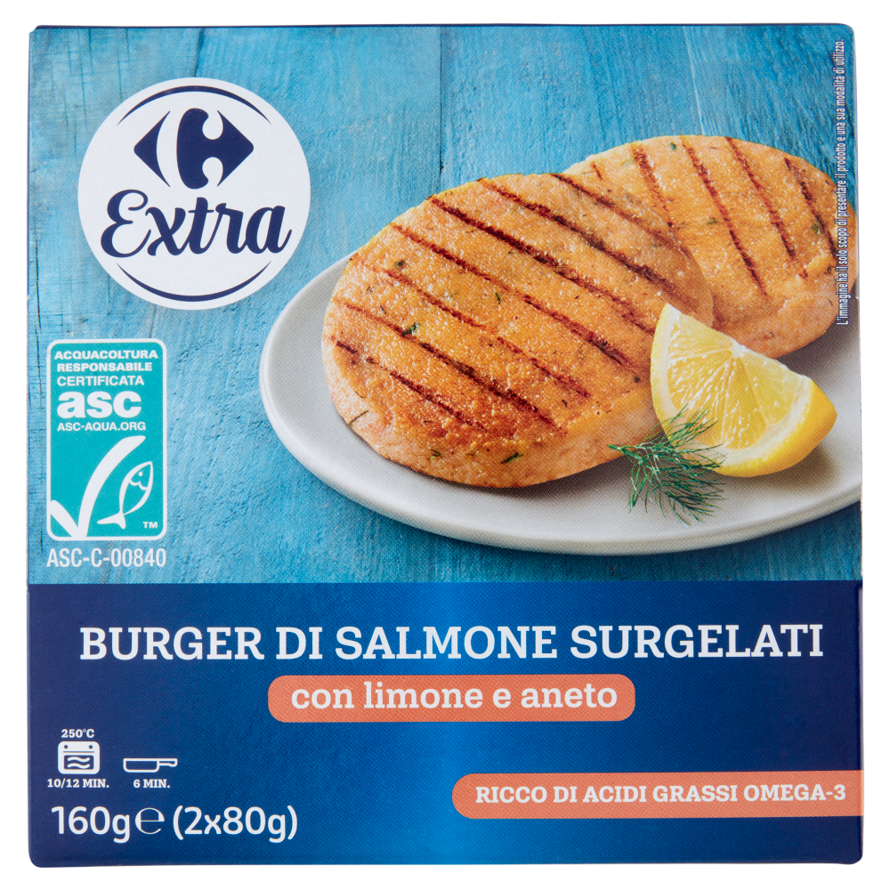 Carrefour Extra Burger di Salmone Surgelati con limone e aneto 2 x 80 g