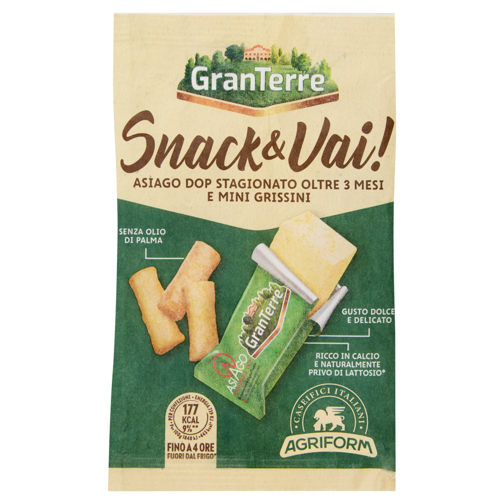 GranTerre Snack & Vai! Asiago DOP Stagionato Oltre 3 Mesi e Mini Grissini 40 g