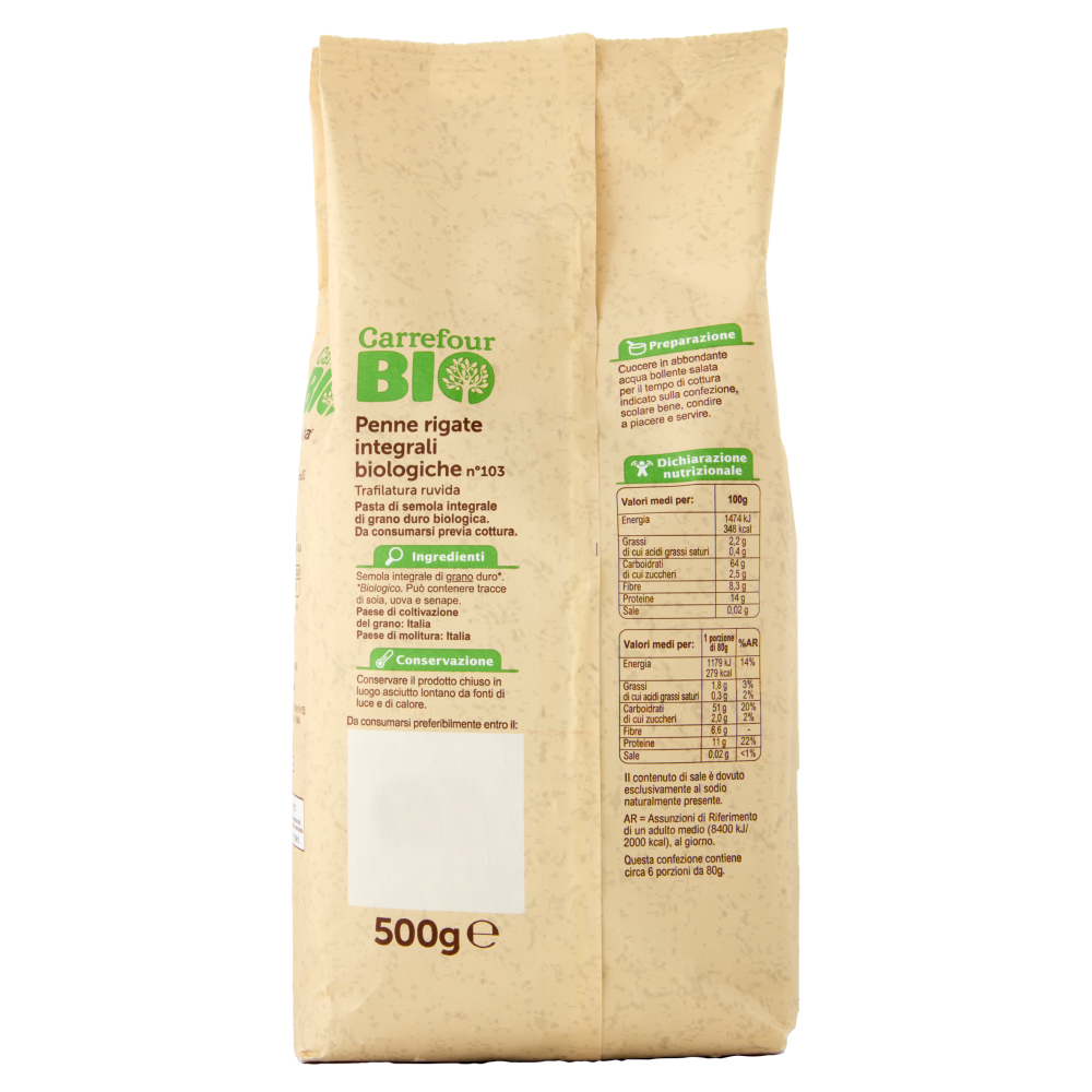 Carrefour Bio Penne rigate integrali biologiche n°103 500 g
