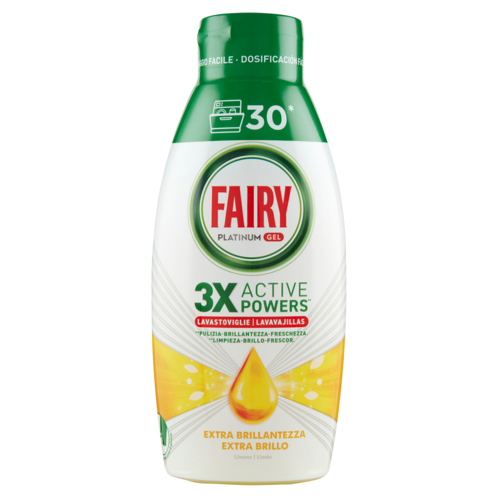 Fairy Gel Lavastoviglie Platinum Extra Brillantezza Detersivo Piatti Profumo Limone 30 Lavaggi 600ml