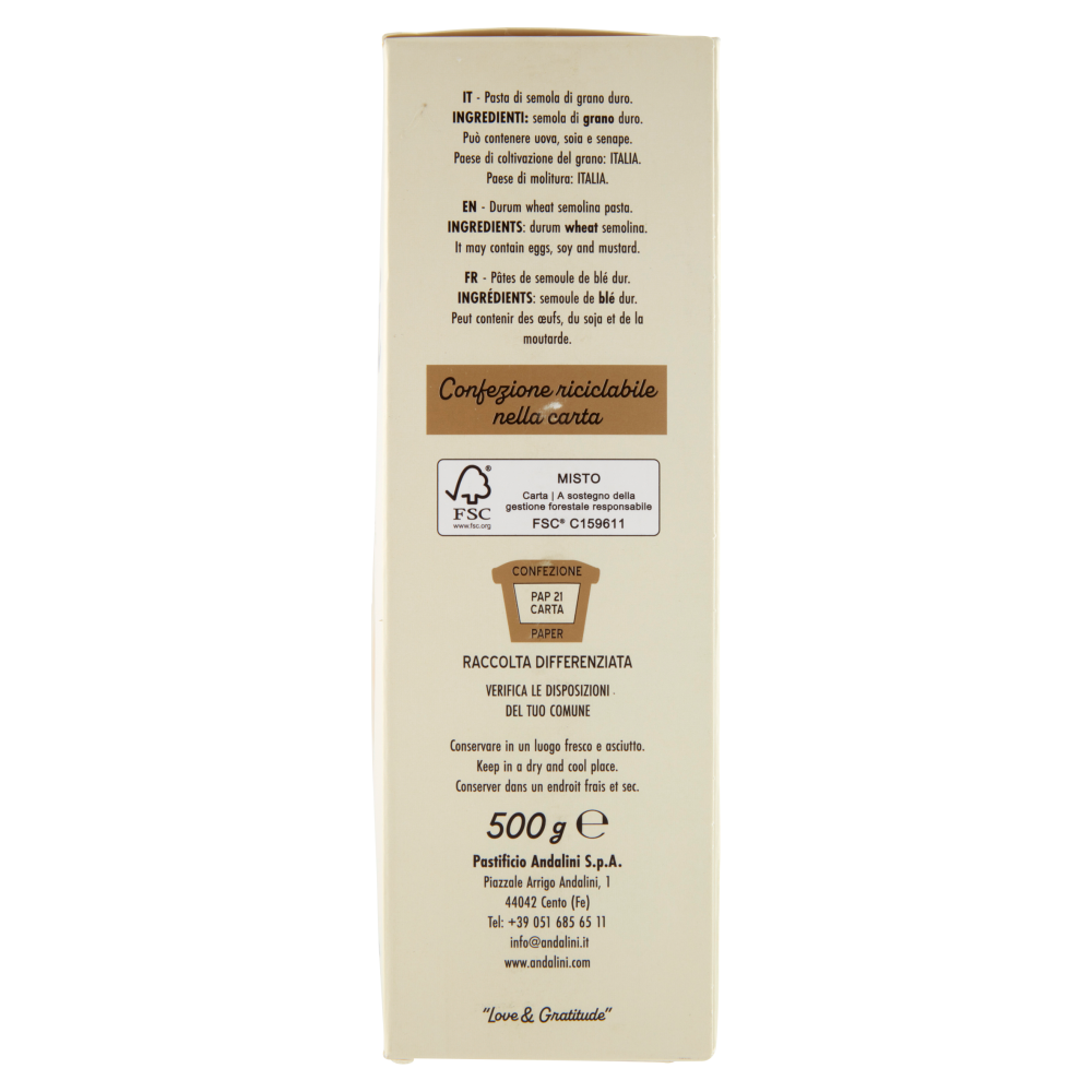 Andalini 4 minuti Pasta di Semola di Grano Duro a sfoglia sottile Gramigna Rigata 500 g