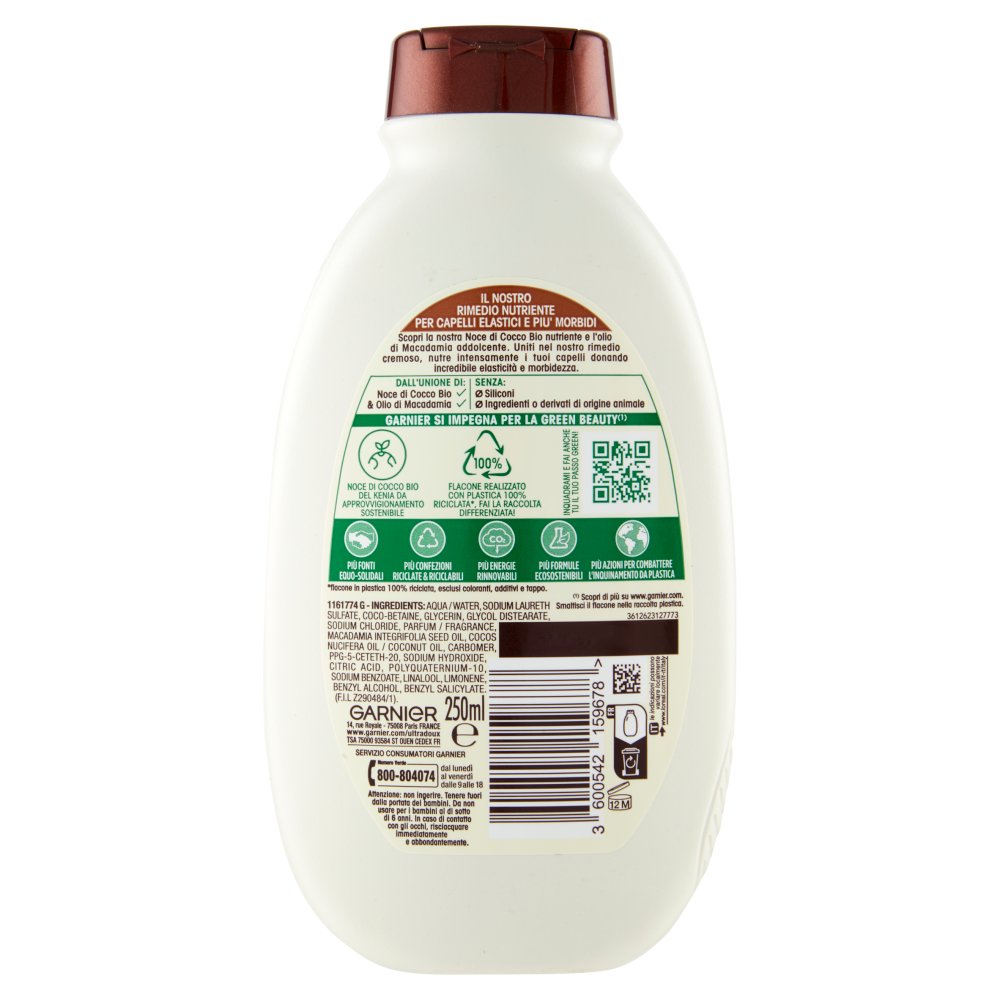Garnier Shampoo Ultra Dolce Latte di Cocco e Macadamia, Capelli Morbidi e Setosi, 250 ml
