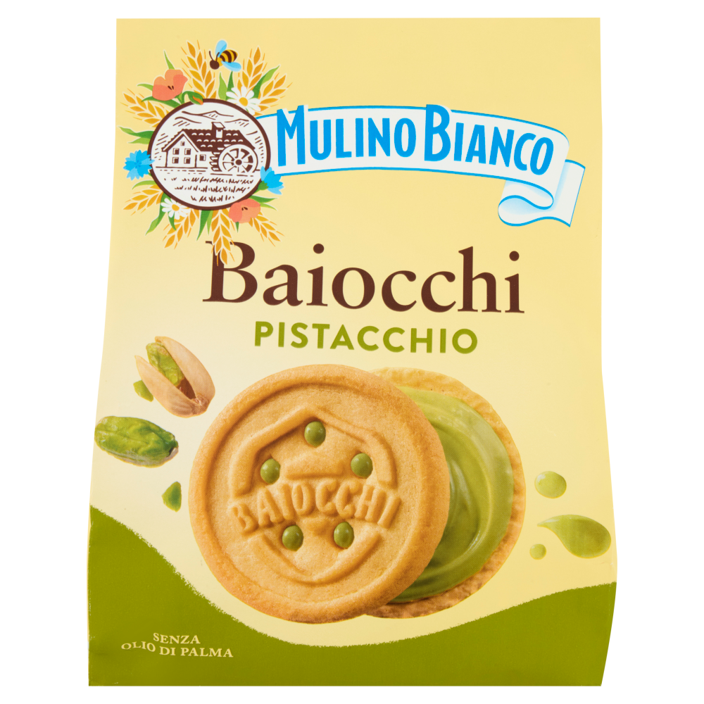 Mulino Bianco Baiocchi Biscotti Snack Farciti con Crema al Pistacchio 240g