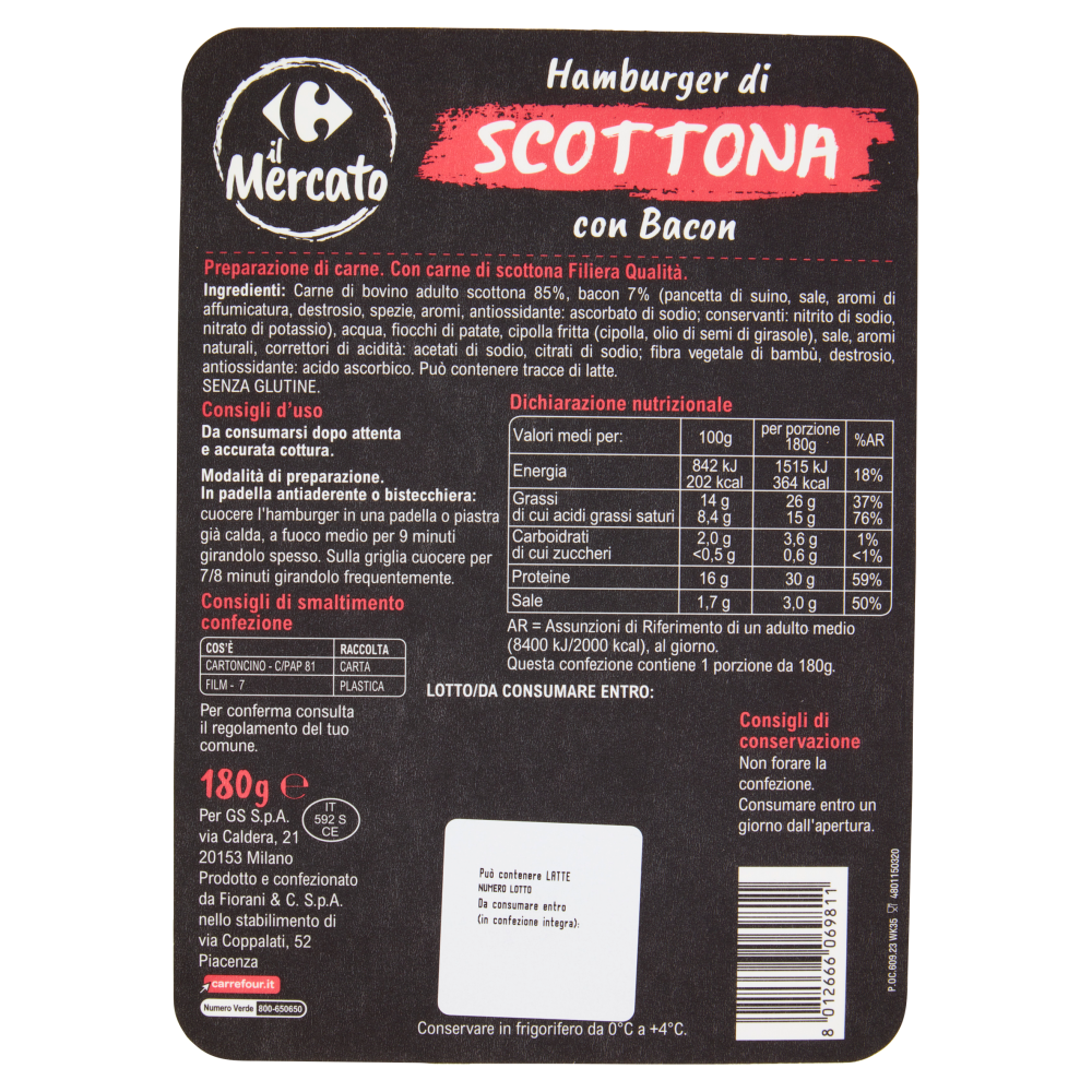 Carrefour il Mercato Hamburger di Scottona con Bacon 180 g