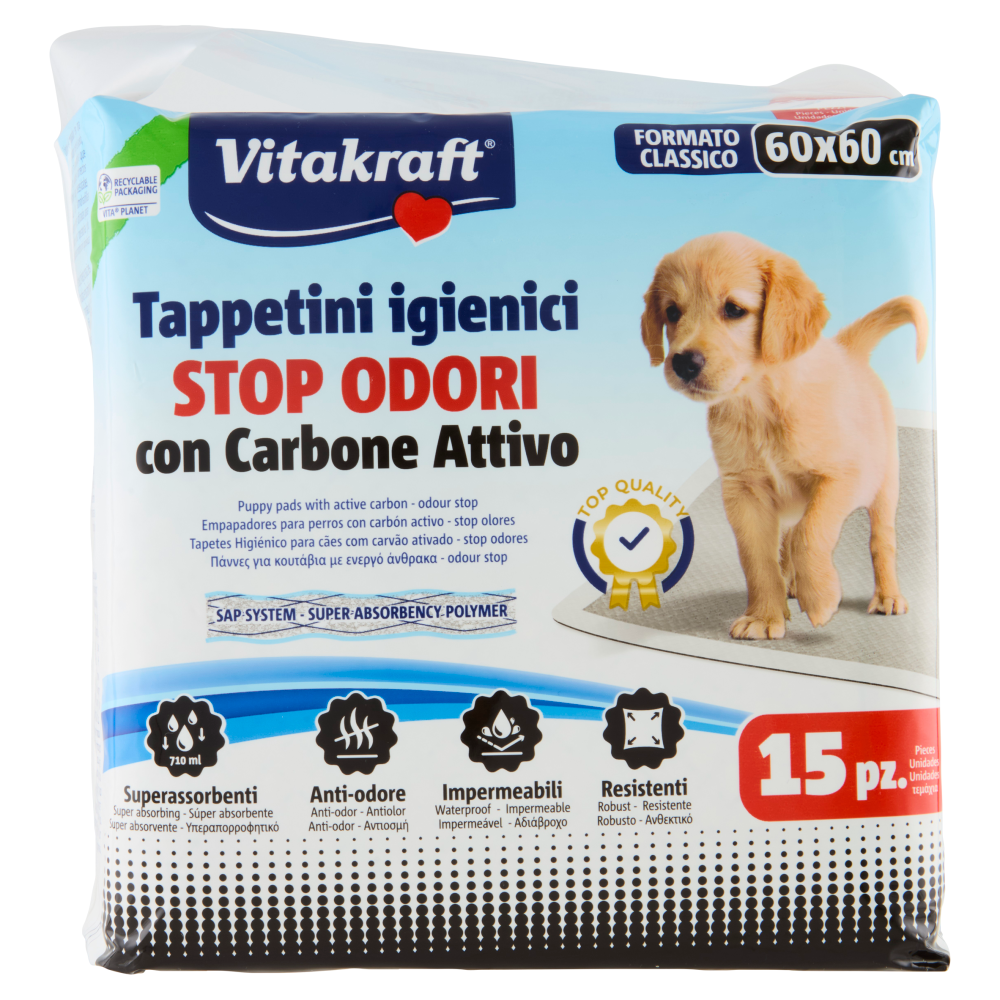 Vitakraft Tappetini igienici Stop Odori con Carbone Attivo 60x60 cm 15 pz
