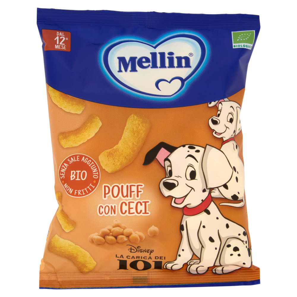 MELLIN Pouff con Ceci, Disney LaCaricaDei101, Snack Biologico, Senza Glutine, adatto dai 12 mesi 20g