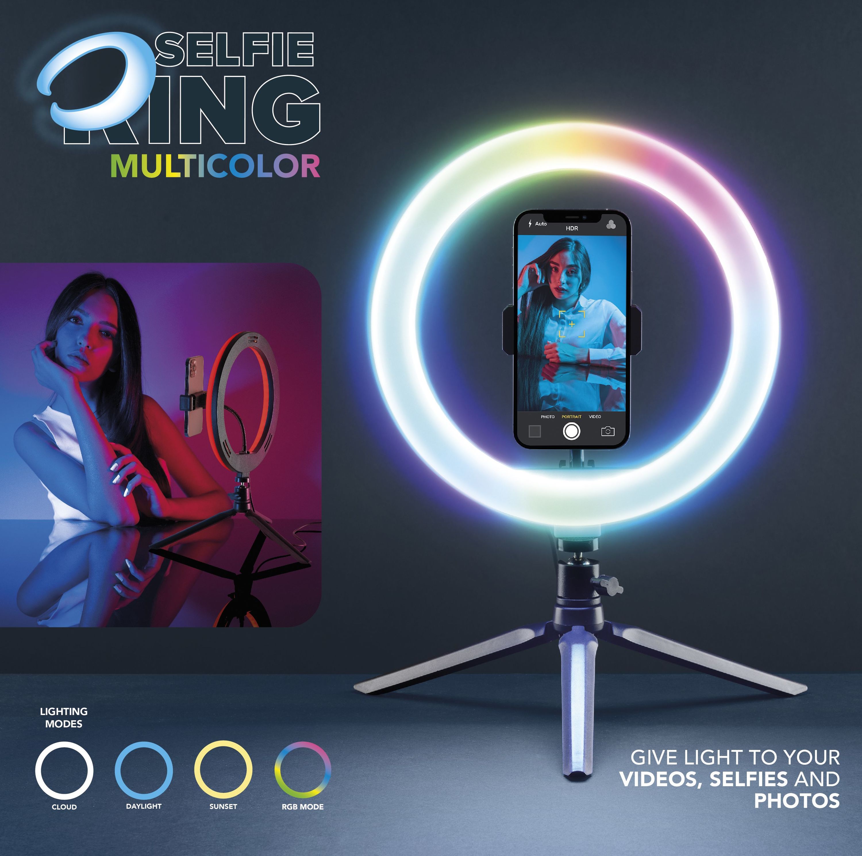 Tech Pop Selfie Ring Multicolor - Universale Anello led con modalità RGB a luminosità regolabile e treppiede per riprese video e selfie