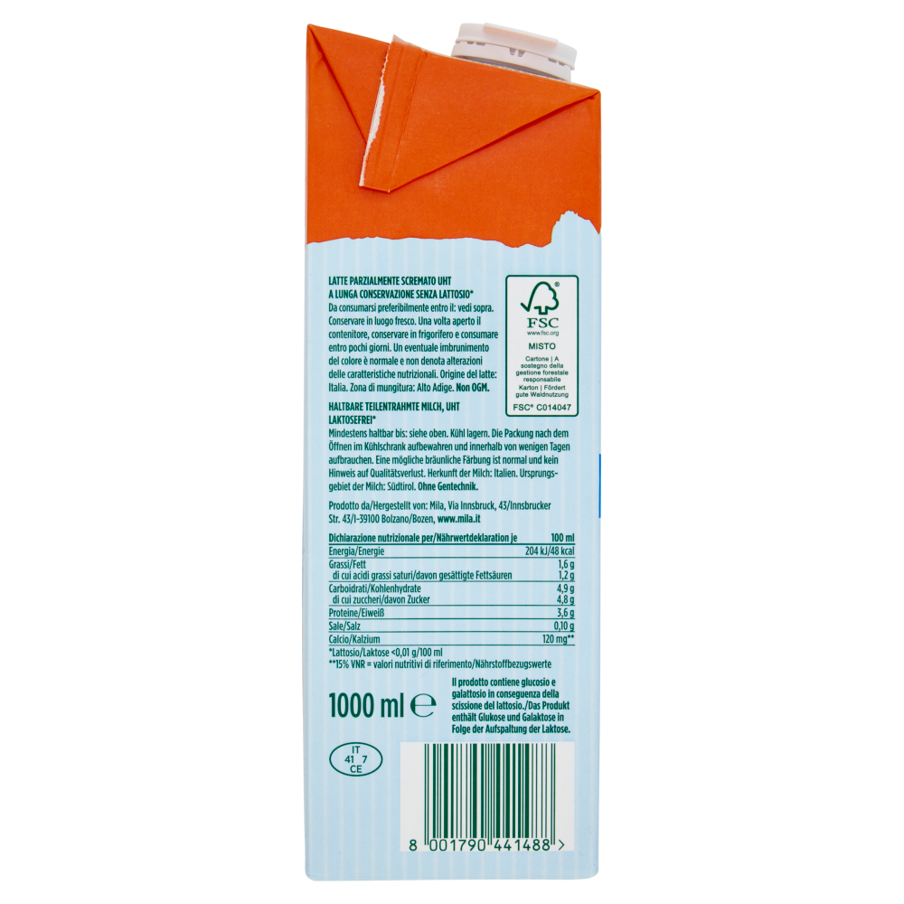 mila Senza Lattosio* Latte di montagna UHT parzialmente scremato 1000 ml