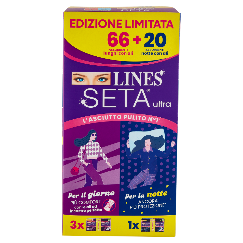 Lines Seta ultra Assorbenti lunghi con ali 66 pz + Assorbenti notte con ali 20 pz