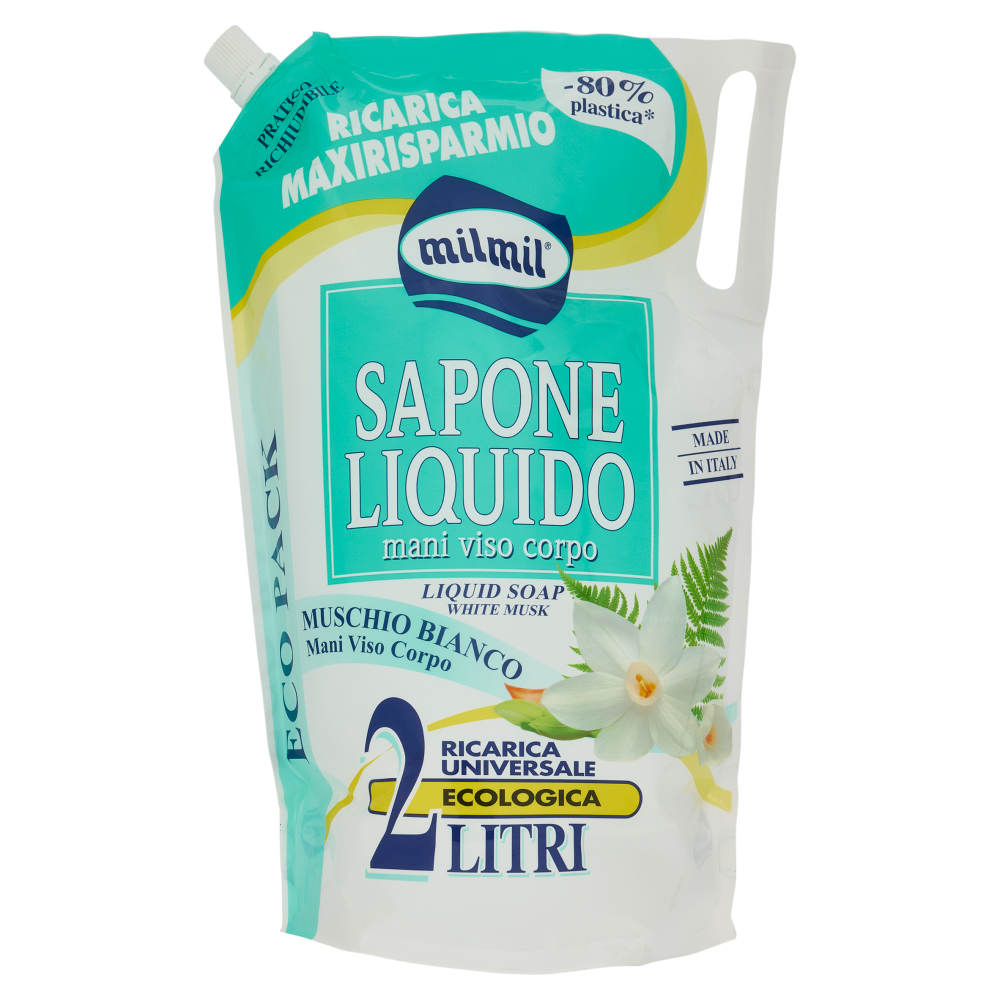 milmil Sapone Liquido Muschio Bianco Ricarica Universale Ecologica 2 Litri