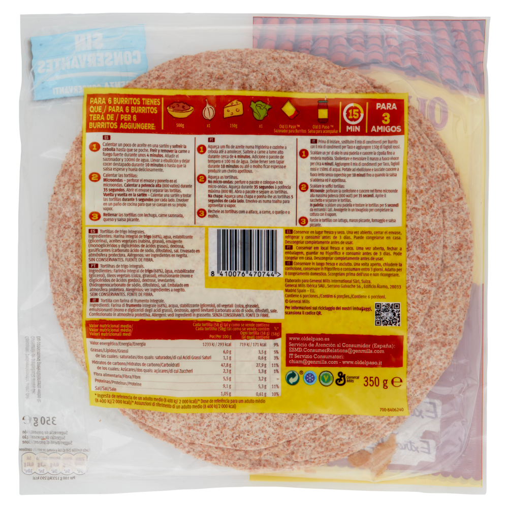 Old El Paso 6 Tortillas Wraps Trigo Integral 350 g