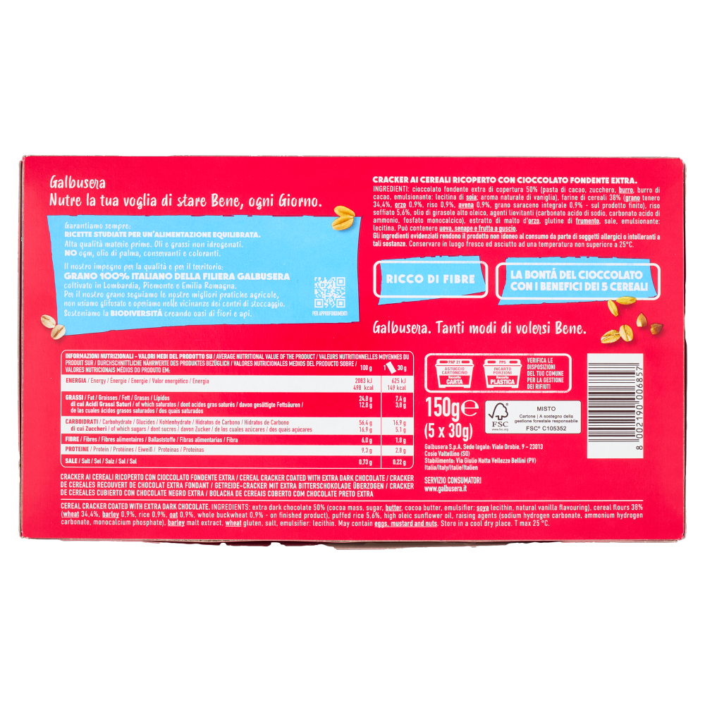 Galbusera Cracker Ricoperto con Riso Soffiato e Cioccolato Extra Fondente 5 x 30 g