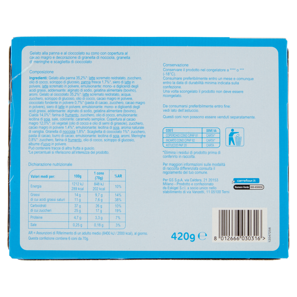 Carrefour Classic Cono Panna e Cioccolato 6 x 70 g