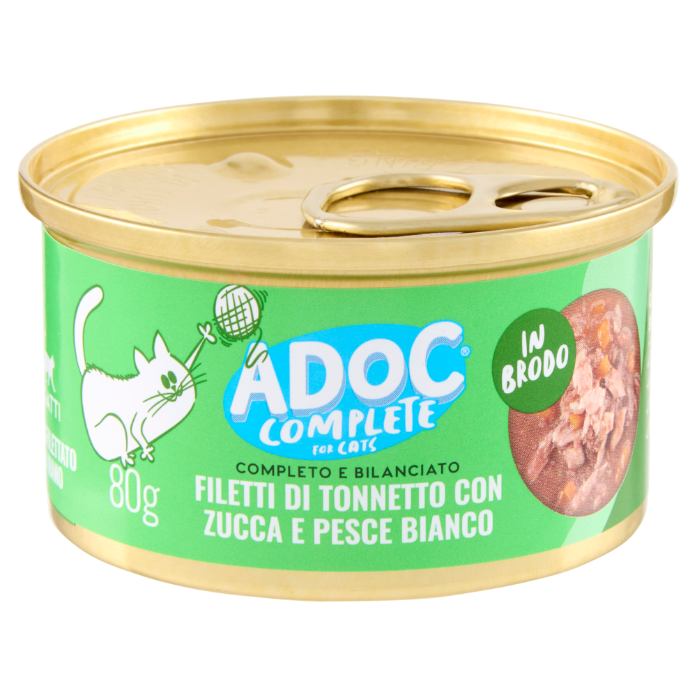 ADoC Complete For Cats Filetti di Tonnetto con Zucca e Pesce Bianco in Brodo 80 g