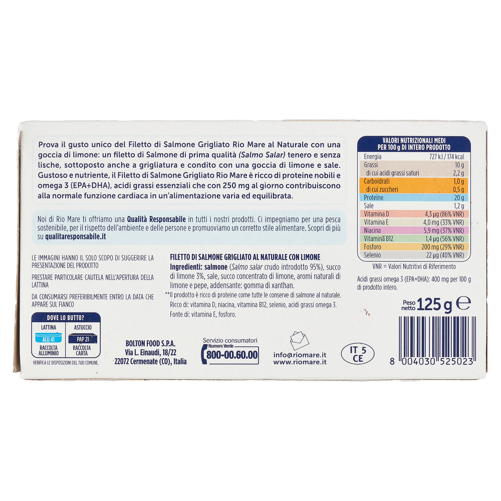 Rio mare Filetto di Salmone al Naturale con una goccia di limone Grigliato* 125 g