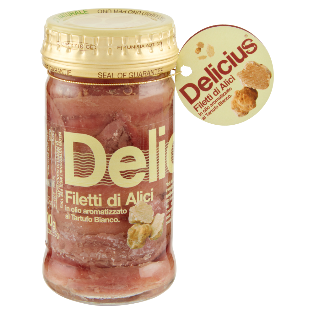 Delicius Filetti di Alici in olio aromatizzato al Tartufo Bianco 100 g