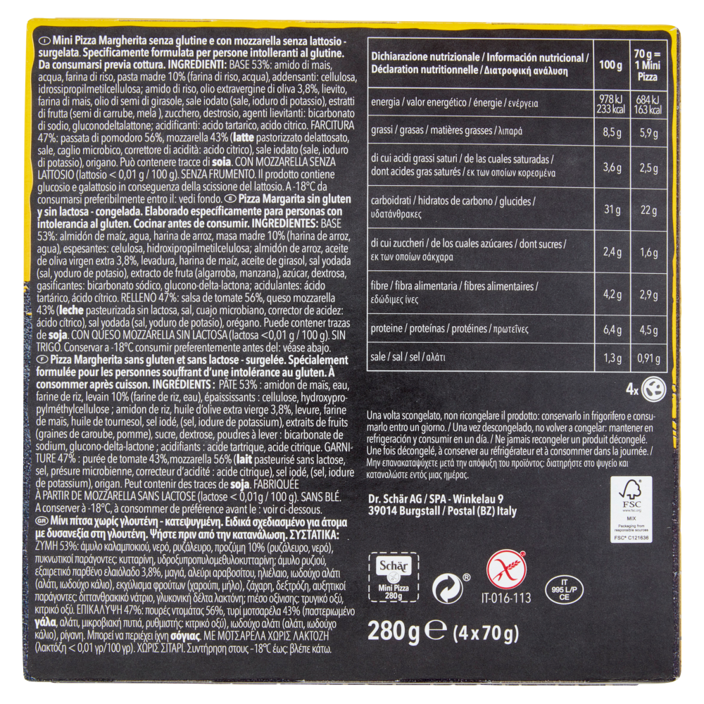 Schär Mini Pizza Margherita Lactose Free 4 x 70 g