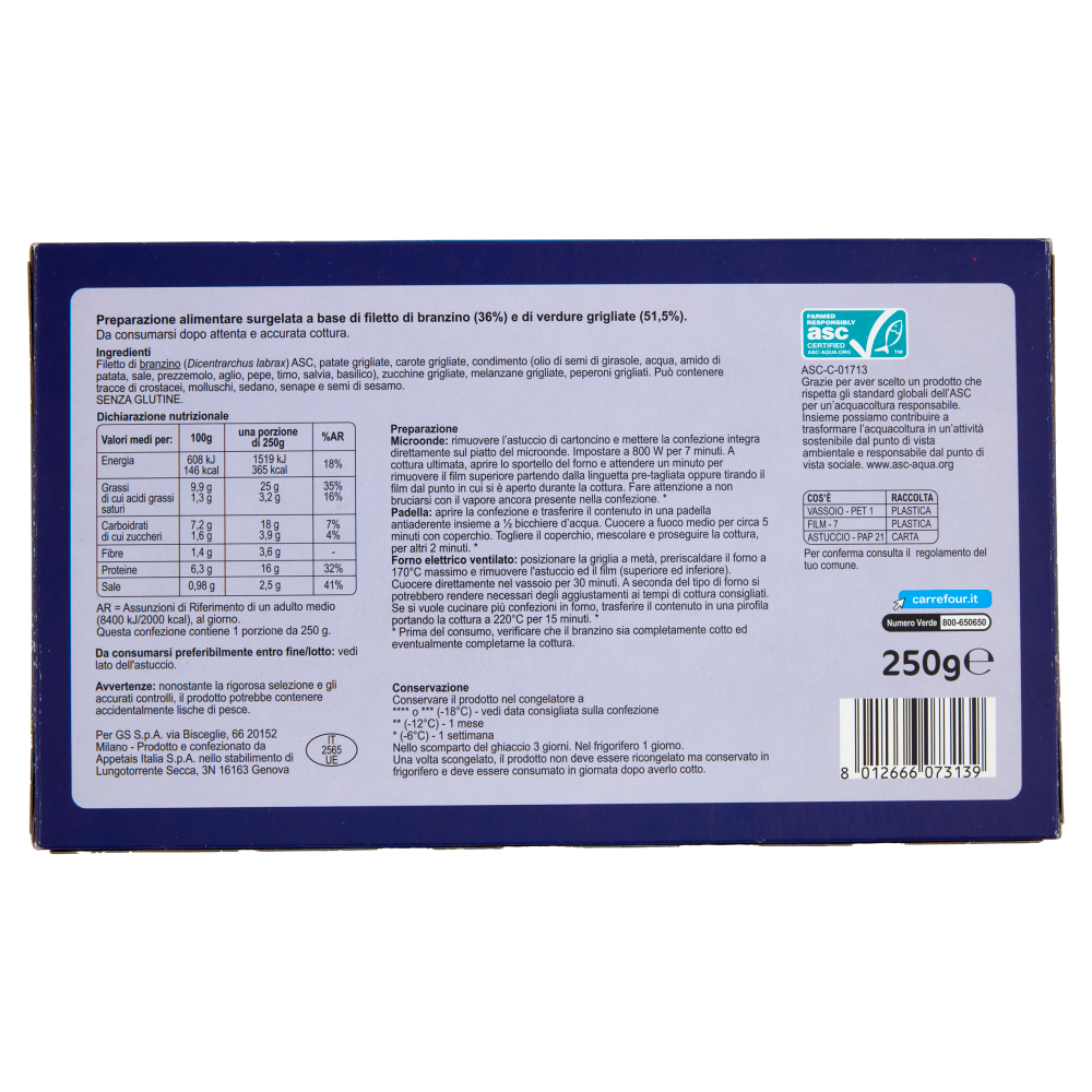Carrefour Extra Branzino con verdure grigliate Surgelato 250 g