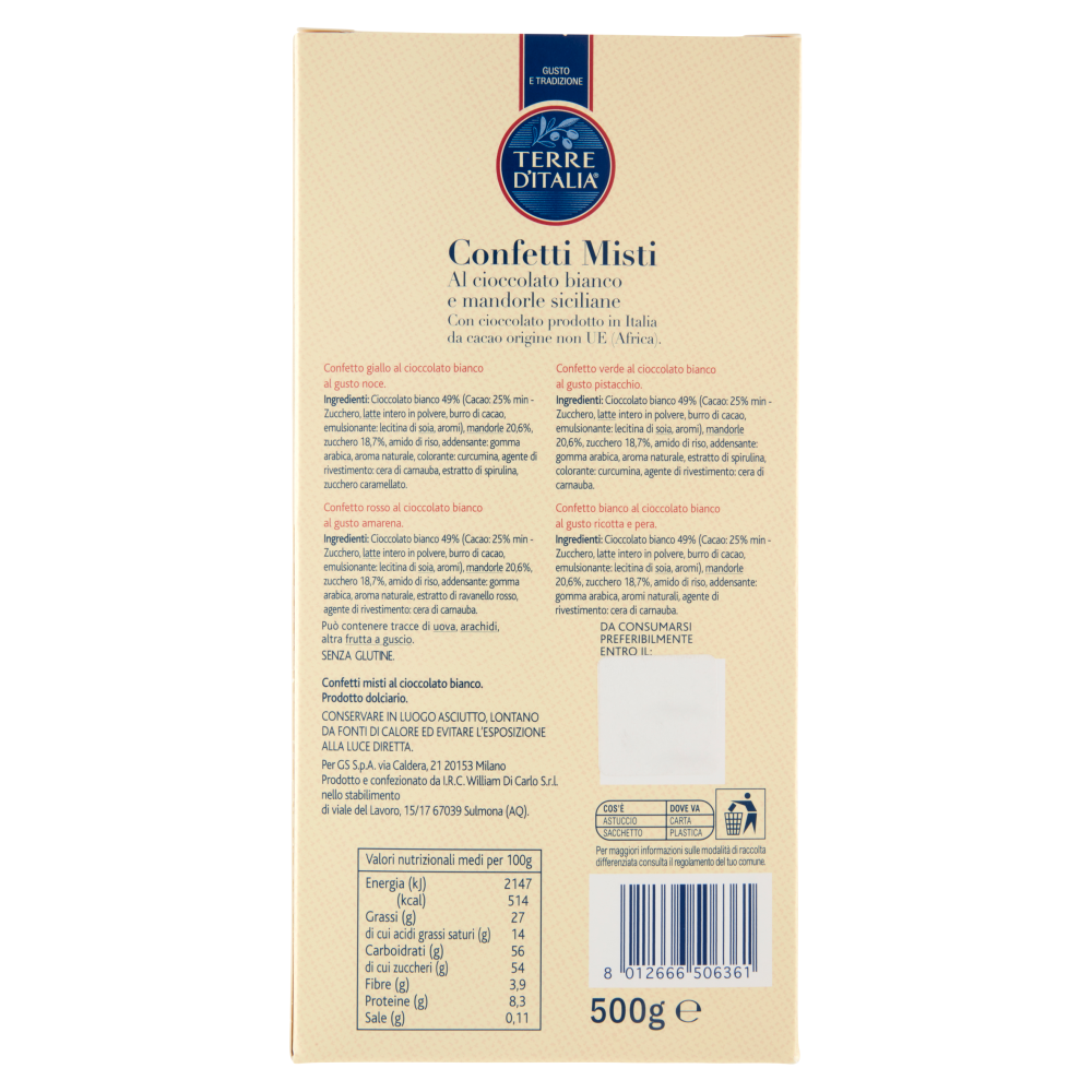 Terre d'Italia Confetti Misti al cioccolato bianco e mandorle siciliane 500 g