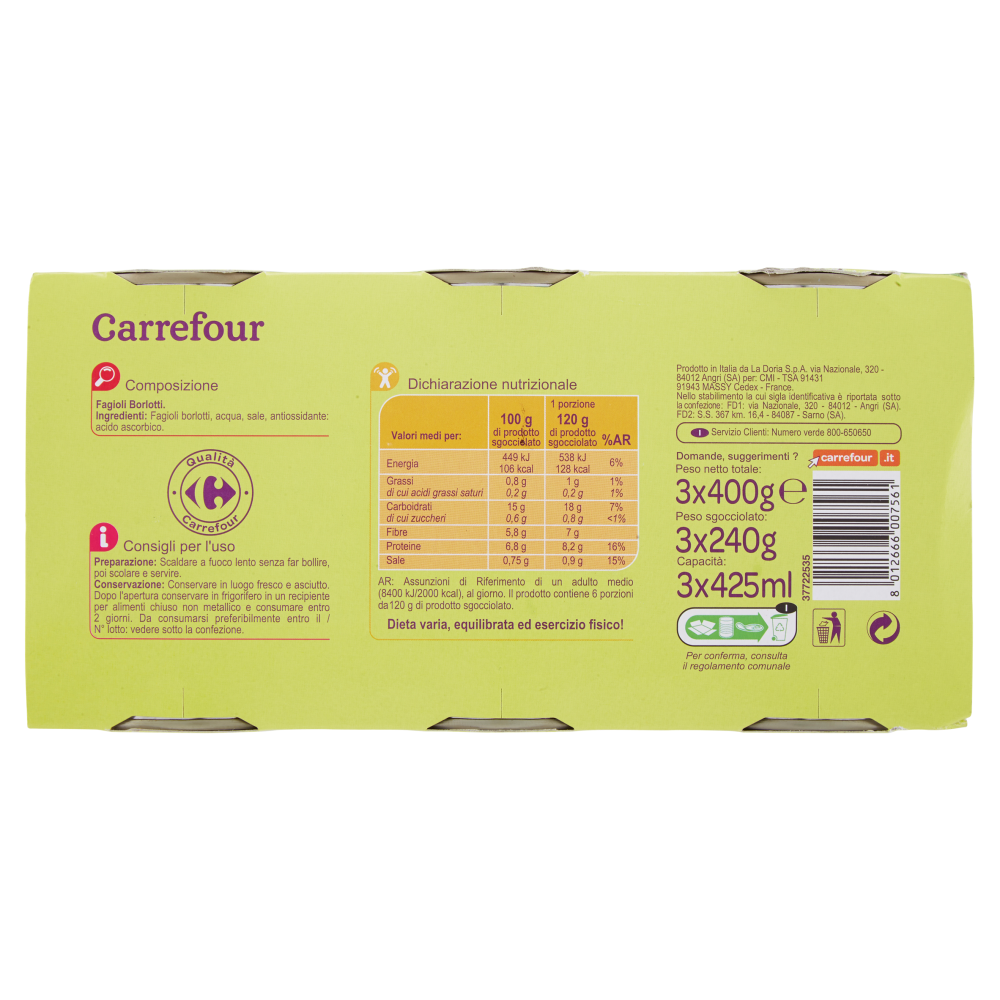 Carrefour Fagioli Borlotti 3 x 400 g