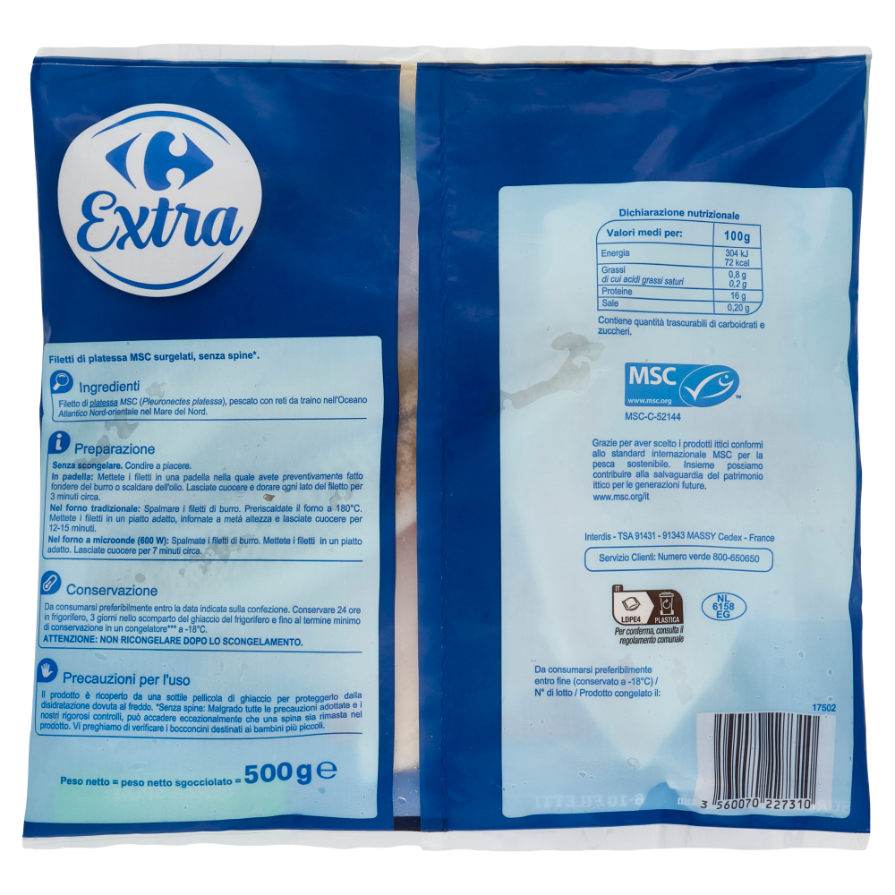 Carrefour Extra Filetti di Platessa Senza Spine* Surgelato 500 g
