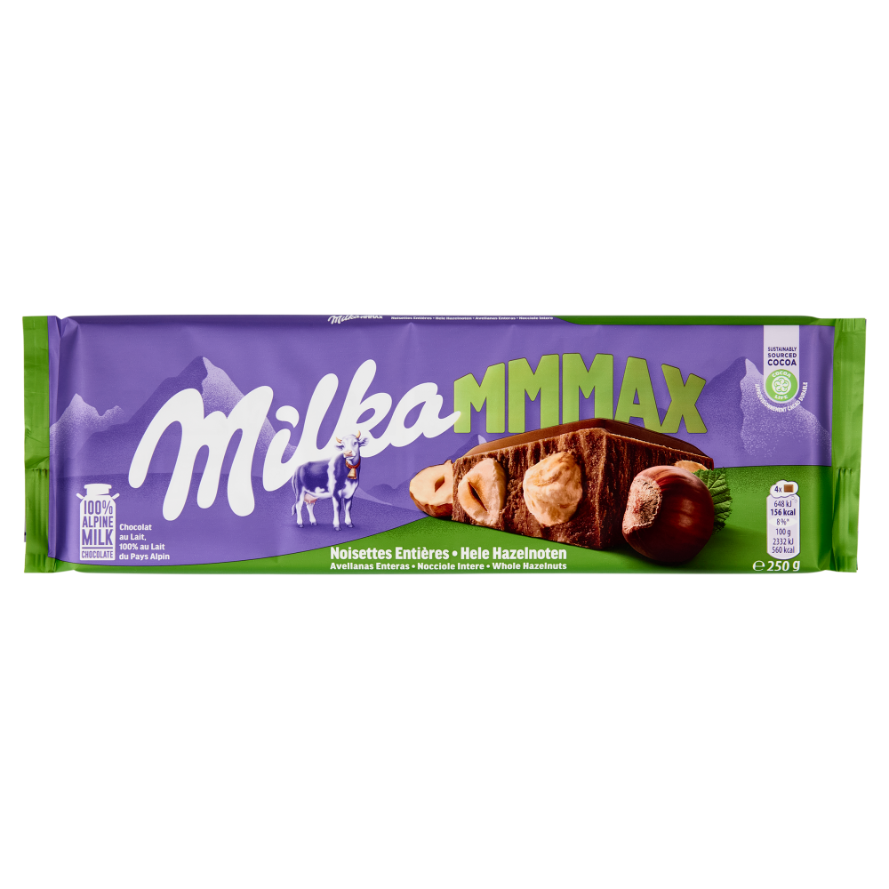Milka Mmmax, maxi tavoletta di cioccolato al latte 100% alpino con nocciole intere - 250g