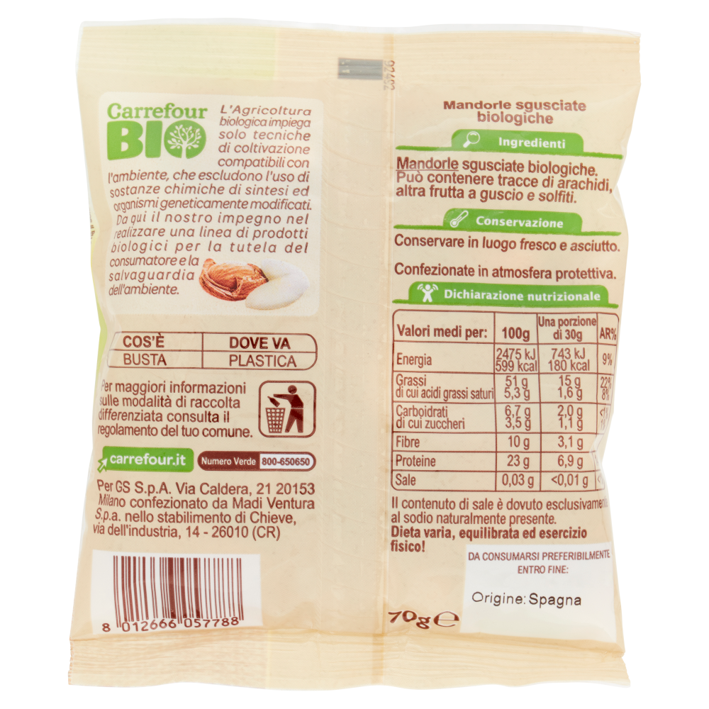 Carrefour Bio Mandorle sgusciate biologiche 70 g