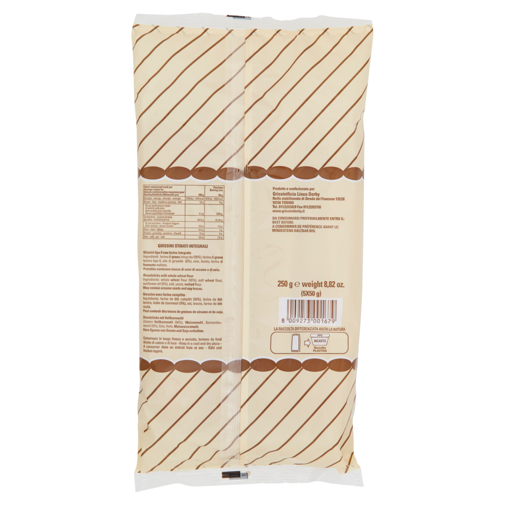 Grissinificio Linea Derby Grissini Torinesi Stirati integrale 5 x 50 g