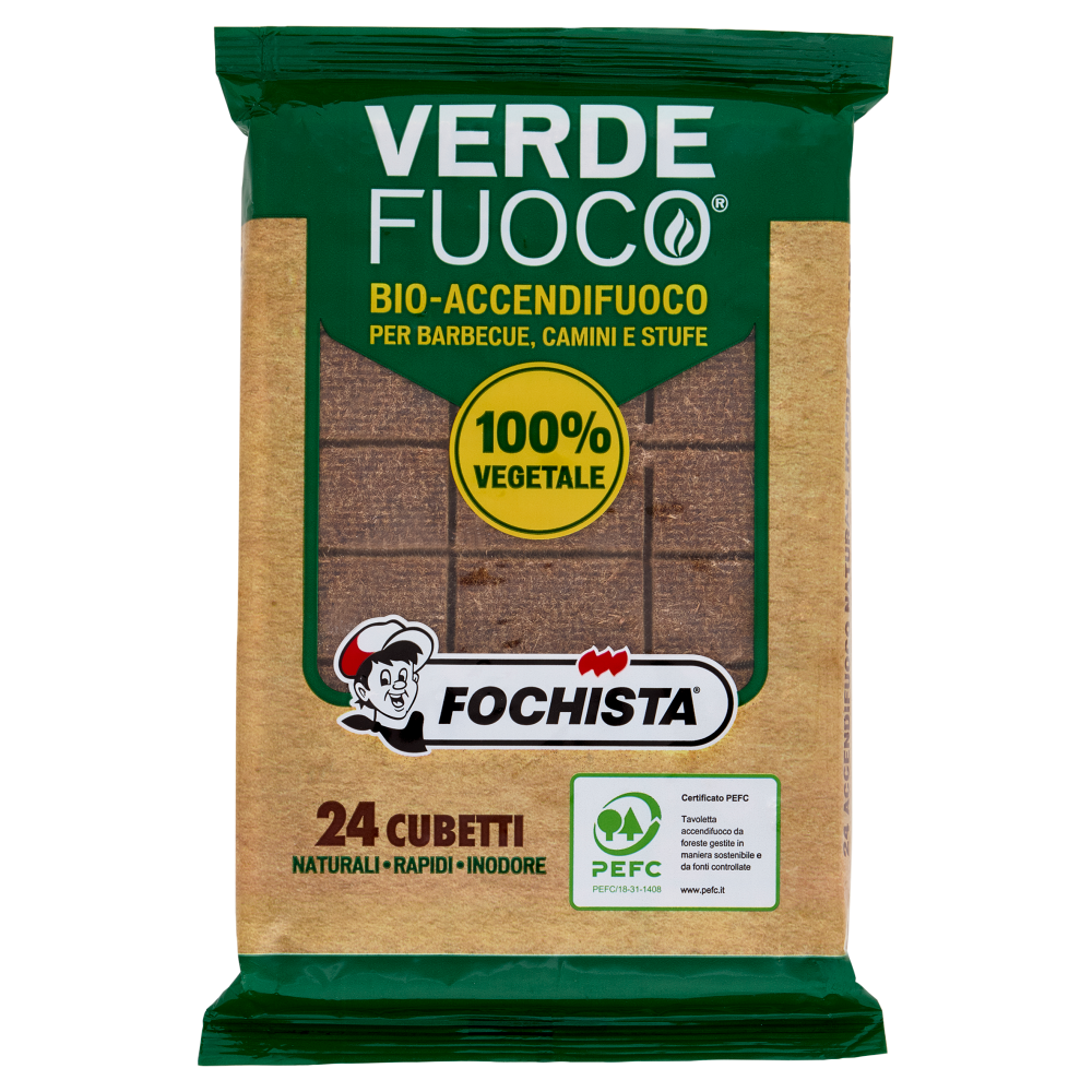 Fochista Verdefuoco Bio-Accendifuoco per Barbecue, Camini e Stufe Cubetti 24 pz