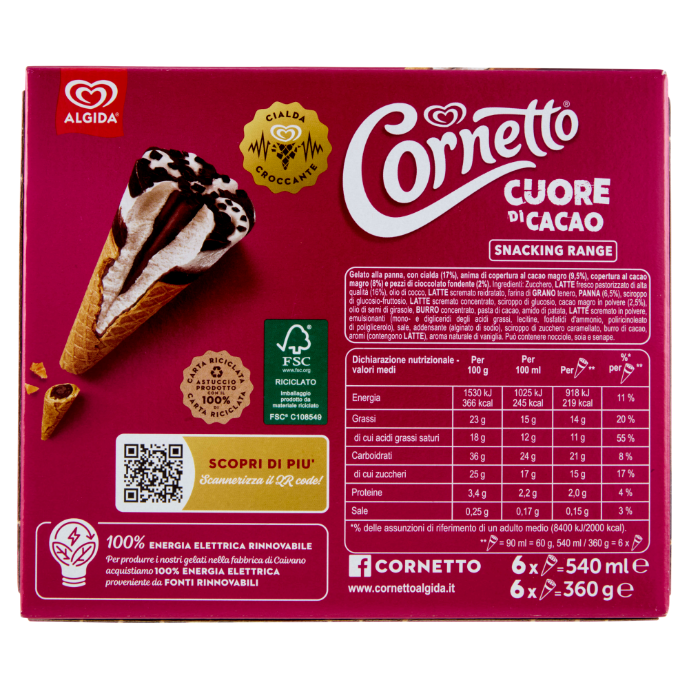 Cornetto Algida Cuore di Cacao 6 Gelati 360 g