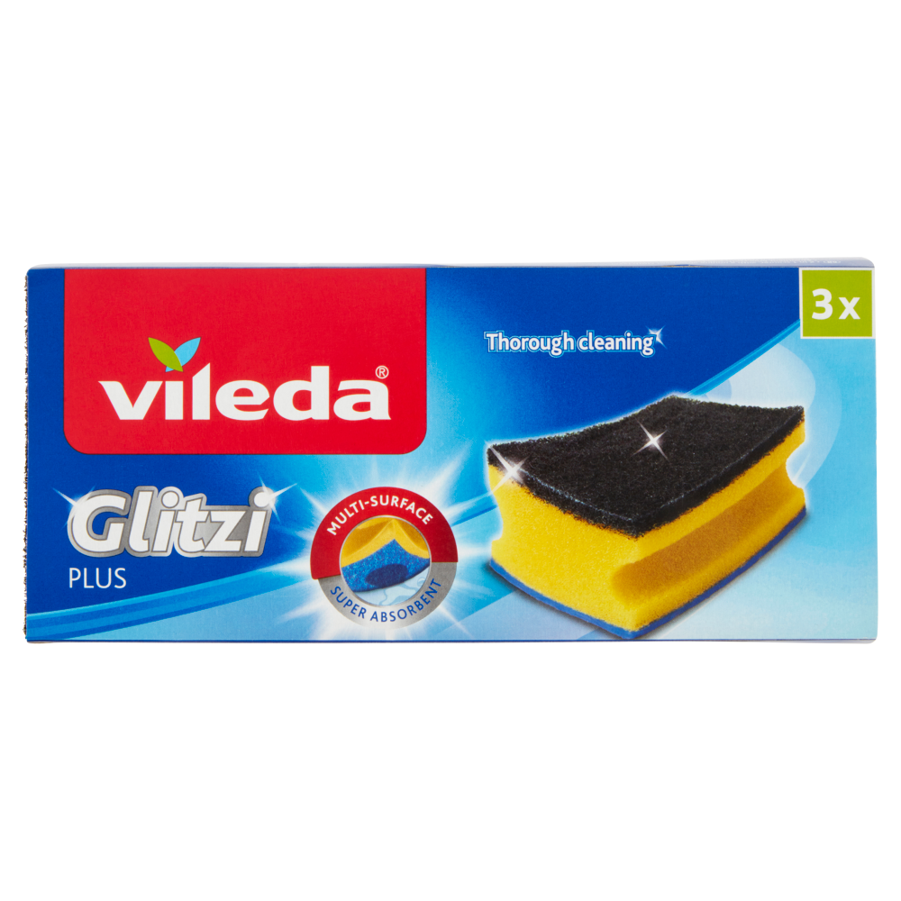 Vileda Glitzi Plus - spugna abrasiva a triplo strato, salvaunghie e con fibra nera. 3x