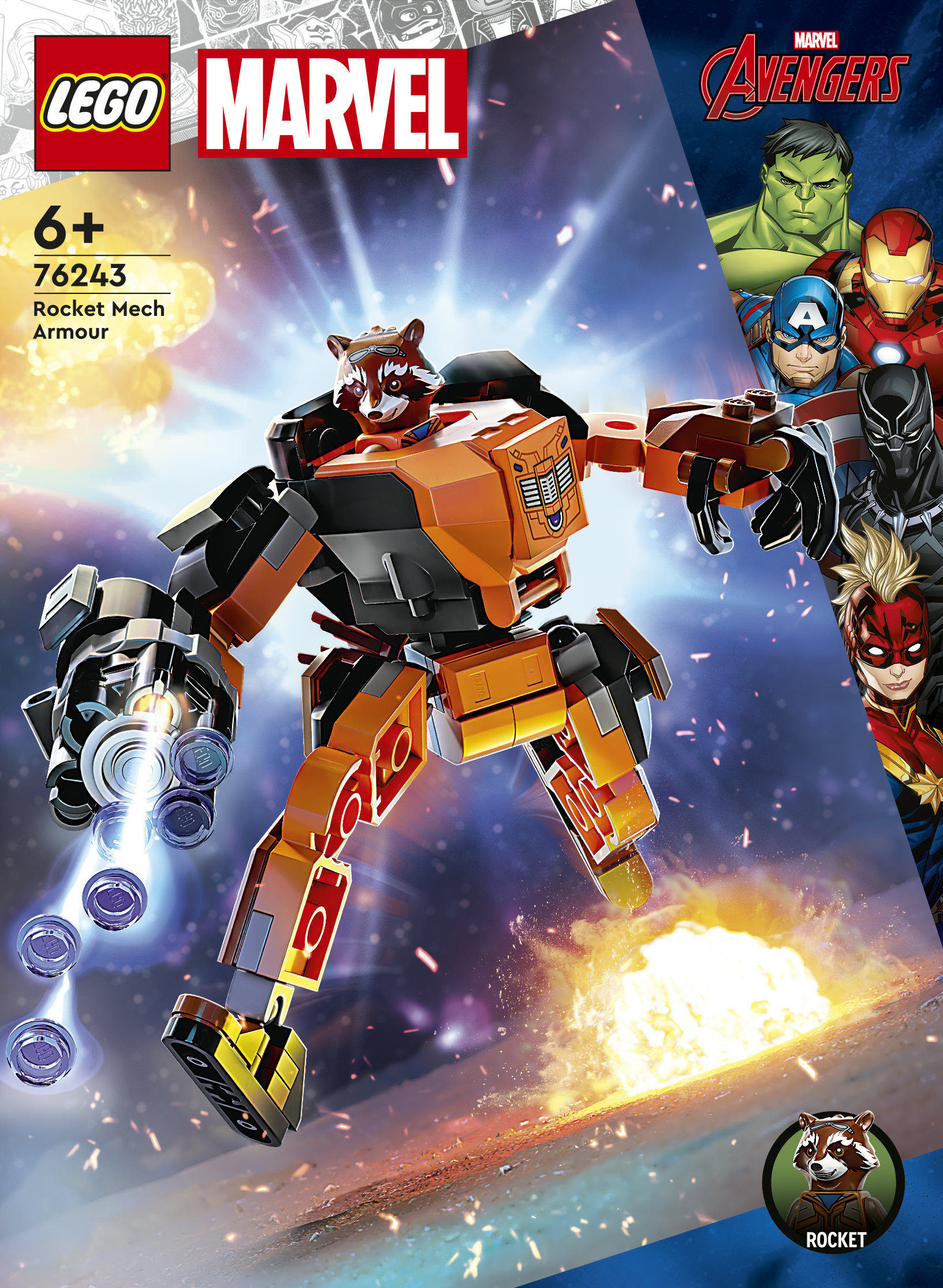 LEGO Marvel Avengers Marvel 76243 Armatura Mech Rocket, Action Figure Supereroe Guardiani della Galassia, Idea Regalo Avengers per Bambini