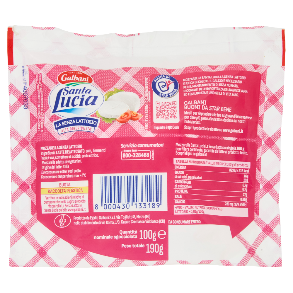 Galbani Santa Lucia Mozzarella la Senza Lattosio 100 g