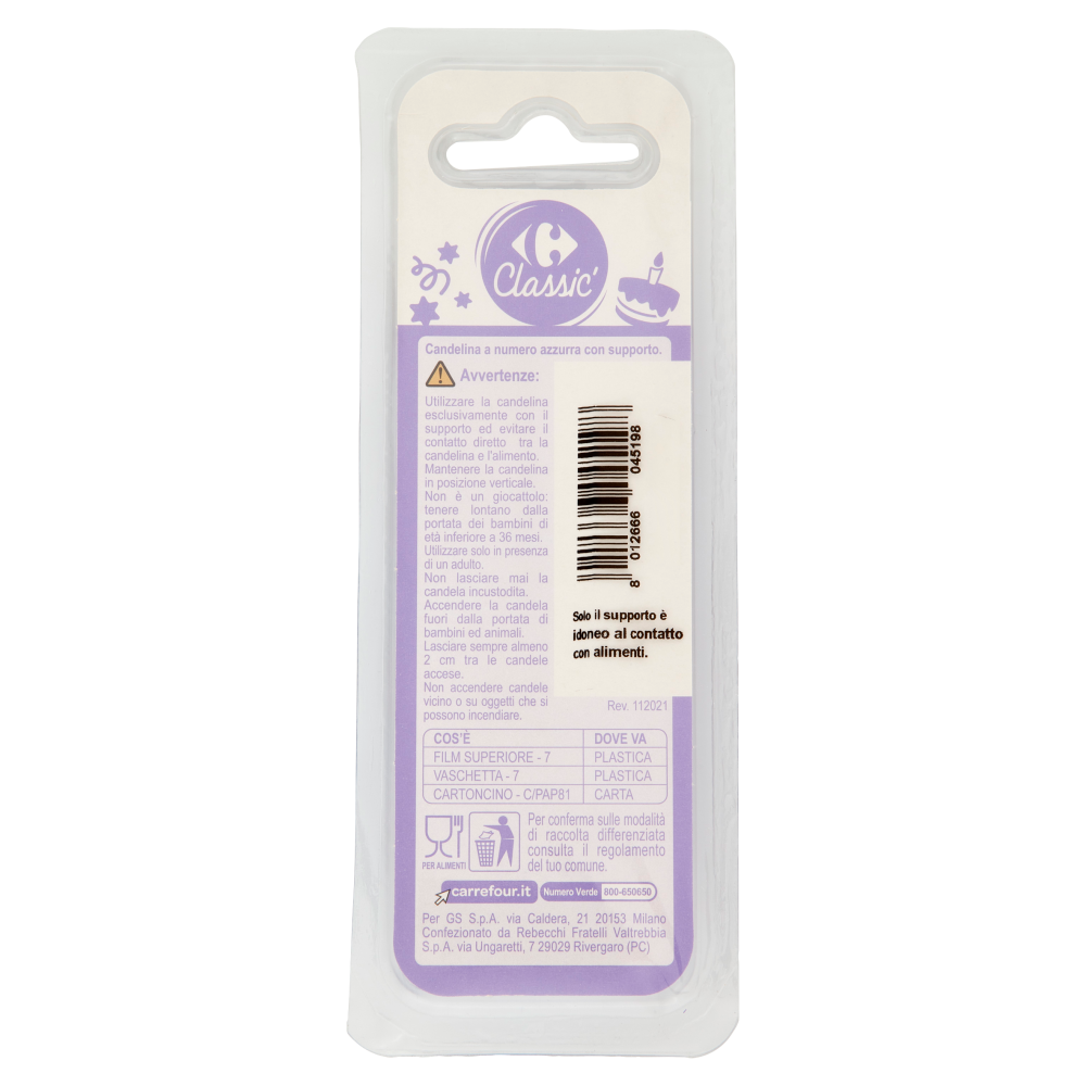 Carrefour Classic Candelina Numero 2 Azzurra con supporto