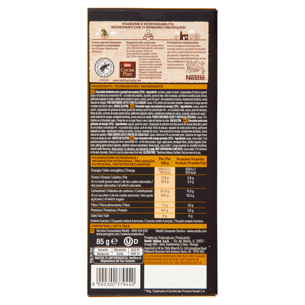 PERUGINA NERO Fondente Extra Arancia Tavoletta Cioccolato Fondente 85g