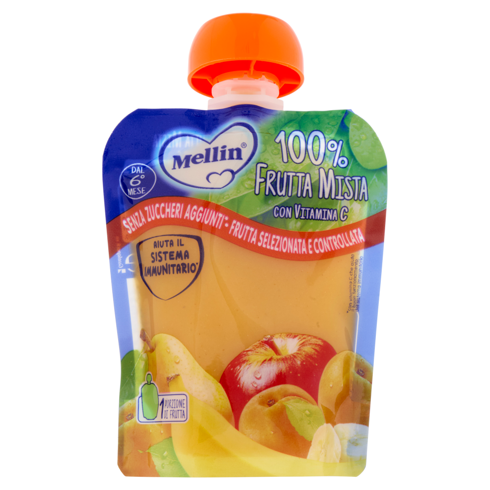 MELLIN Merenda di Frutta 100% Frutta Mista con Mela, Pera, Banana Albicocca, dal 6° mese, Pouch 90 g