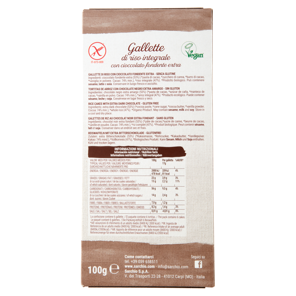 Sarchio Gallette di riso integrale Cioccolato fondente extra 100 g
