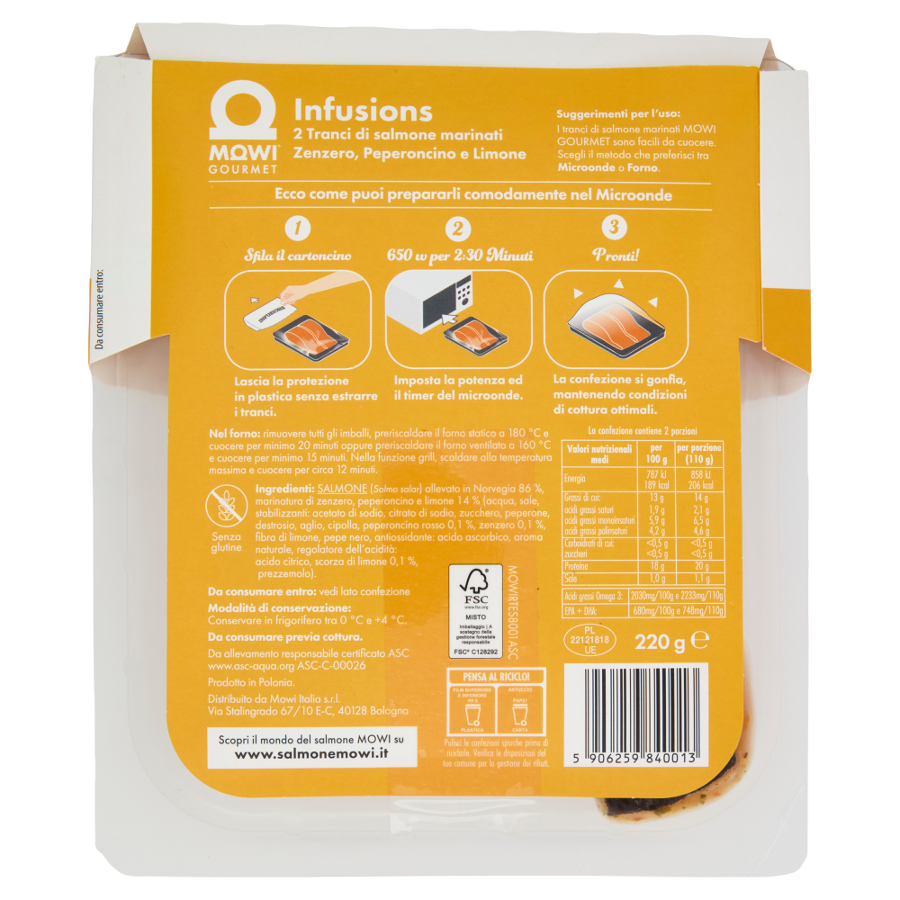 Mowi Gourmet Infusions Tranci di Salmone Marinati Zenzero, Peperoncino e Limone 2 x 110 g