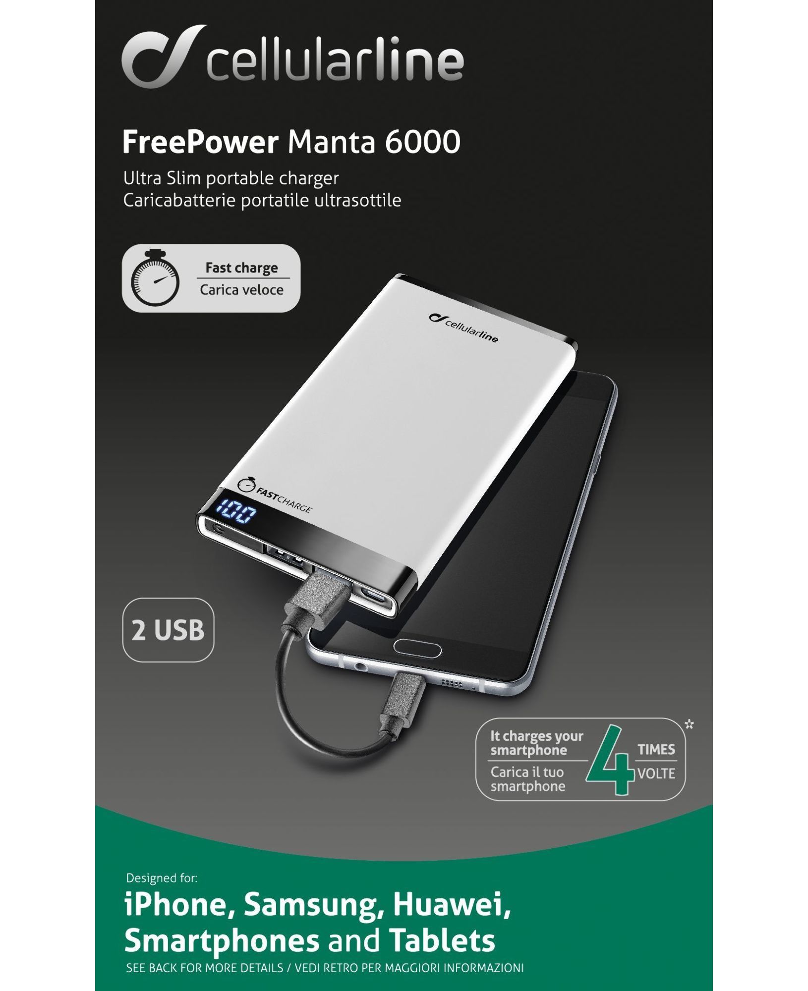 Cellularline Freepower Manta 6000 - Universale Caricabatterie portatile sottile, veloce, potente Bianco