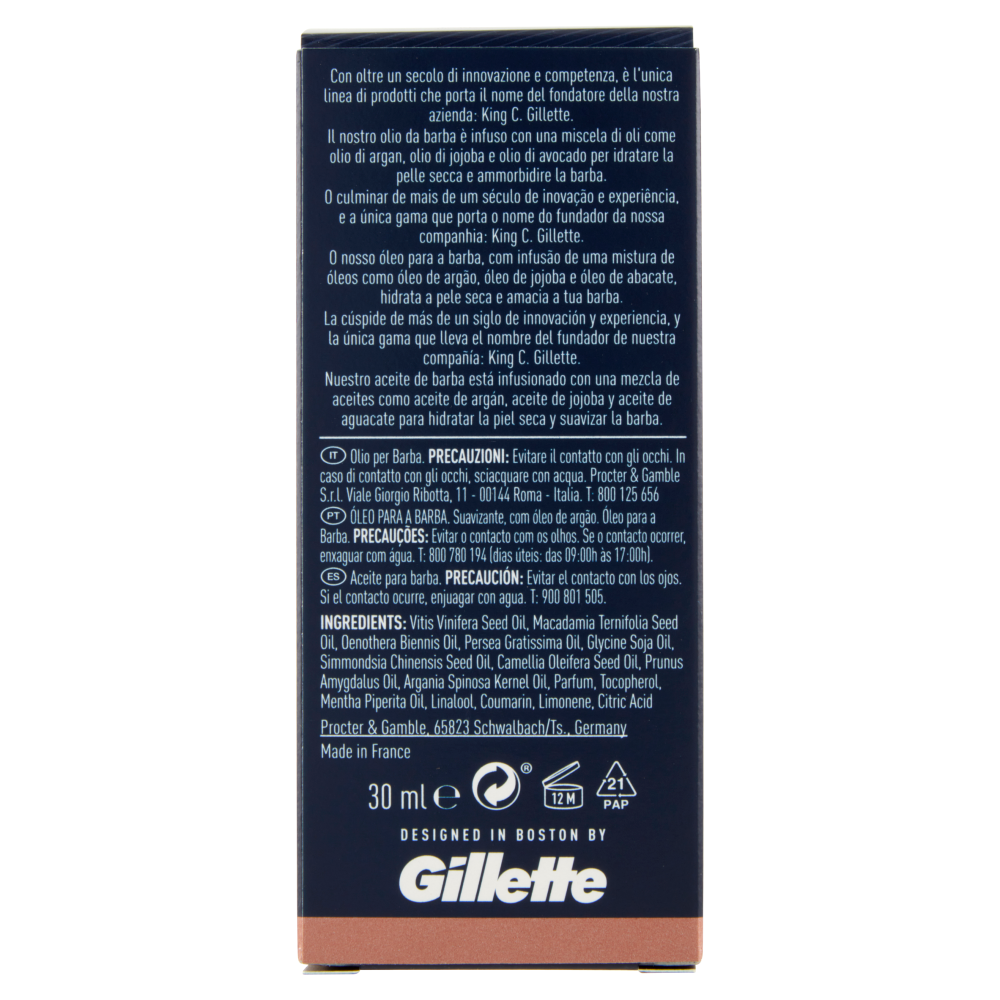 King C. Gillette Olio da Barba - Ammorbidisce ed Idrata con Olii di Argan, Jojoba e Avocado 30 ml