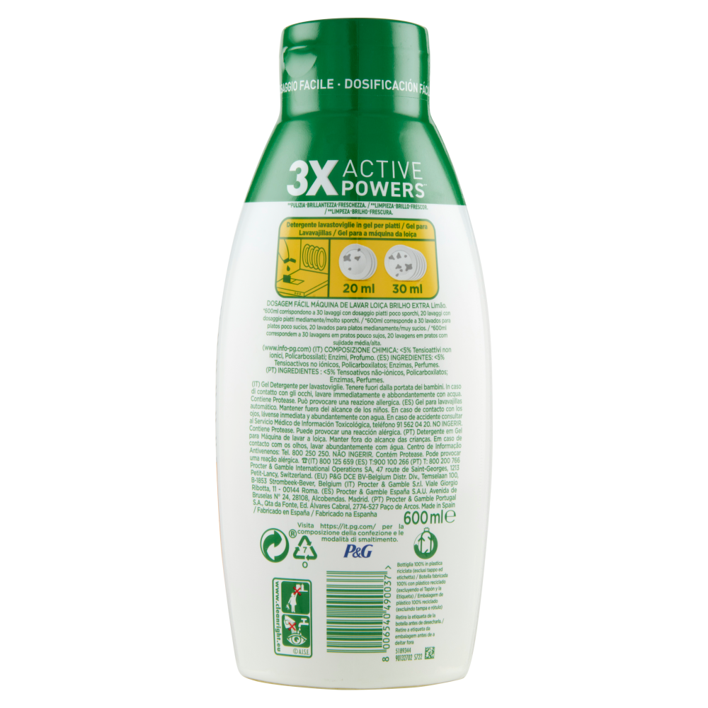 Fairy Gel Lavastoviglie Platinum Extra Brillantezza Detersivo Piatti Profumo Limone 30 Lavaggi 600ml