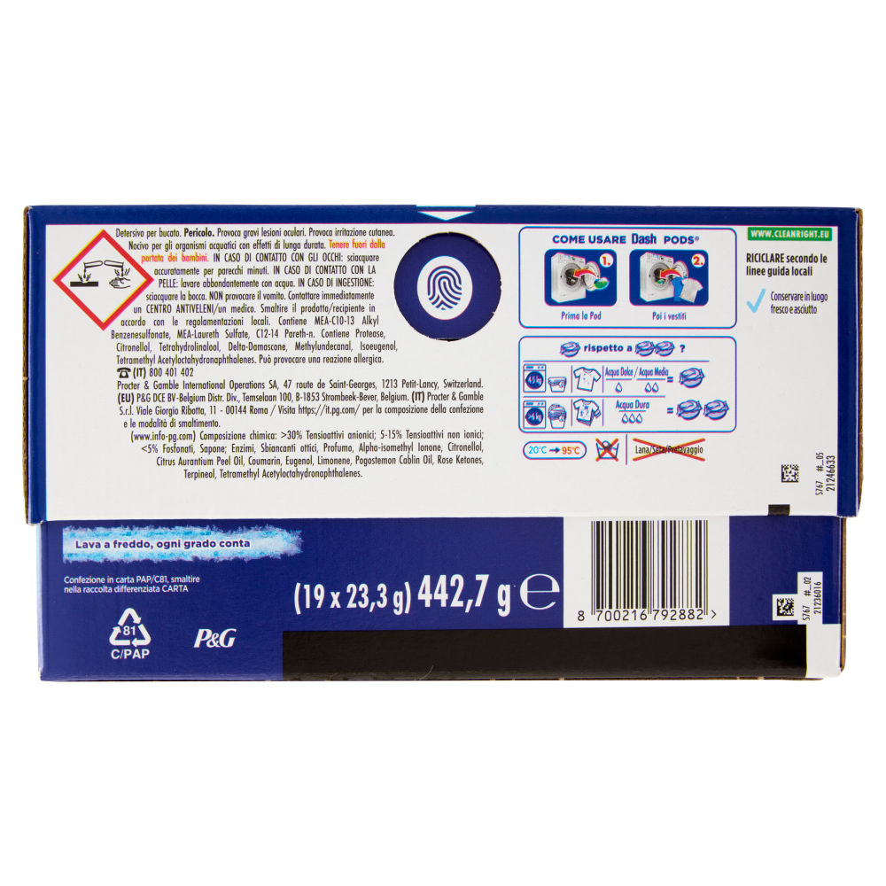 Dash Power Pods Detersivo Lavatrice In Capsule, Azione Extra-Igienizzante, 19 Lavaggi 442,7 g