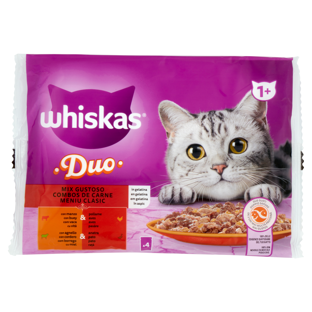 Whiskas Duo Cibo Umido Gatto Mix Gustoso in Gelatina Manzo & Pollame, Agnello & Anatra 4 x 85 g