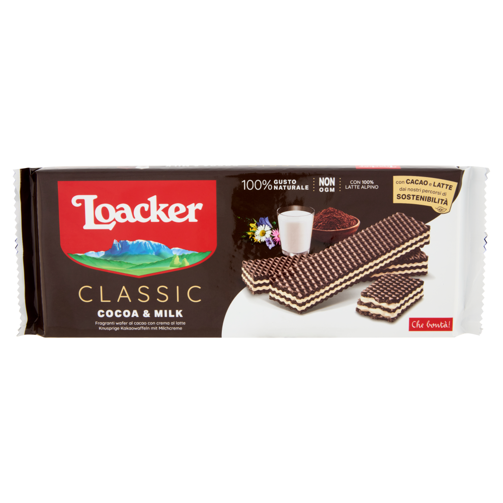 Loacker Classic Cocoa & Milk Wafer al Cacao con crema al Latte 100% Alpino Wafers 175g